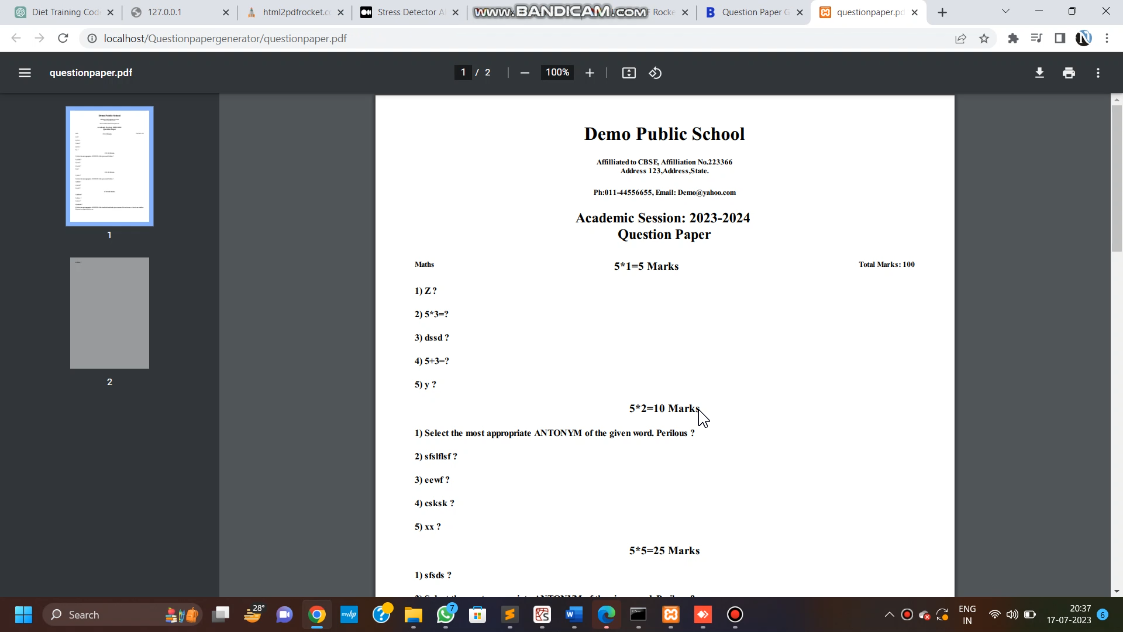 Question Paper Generator layout in PHP Application Projects