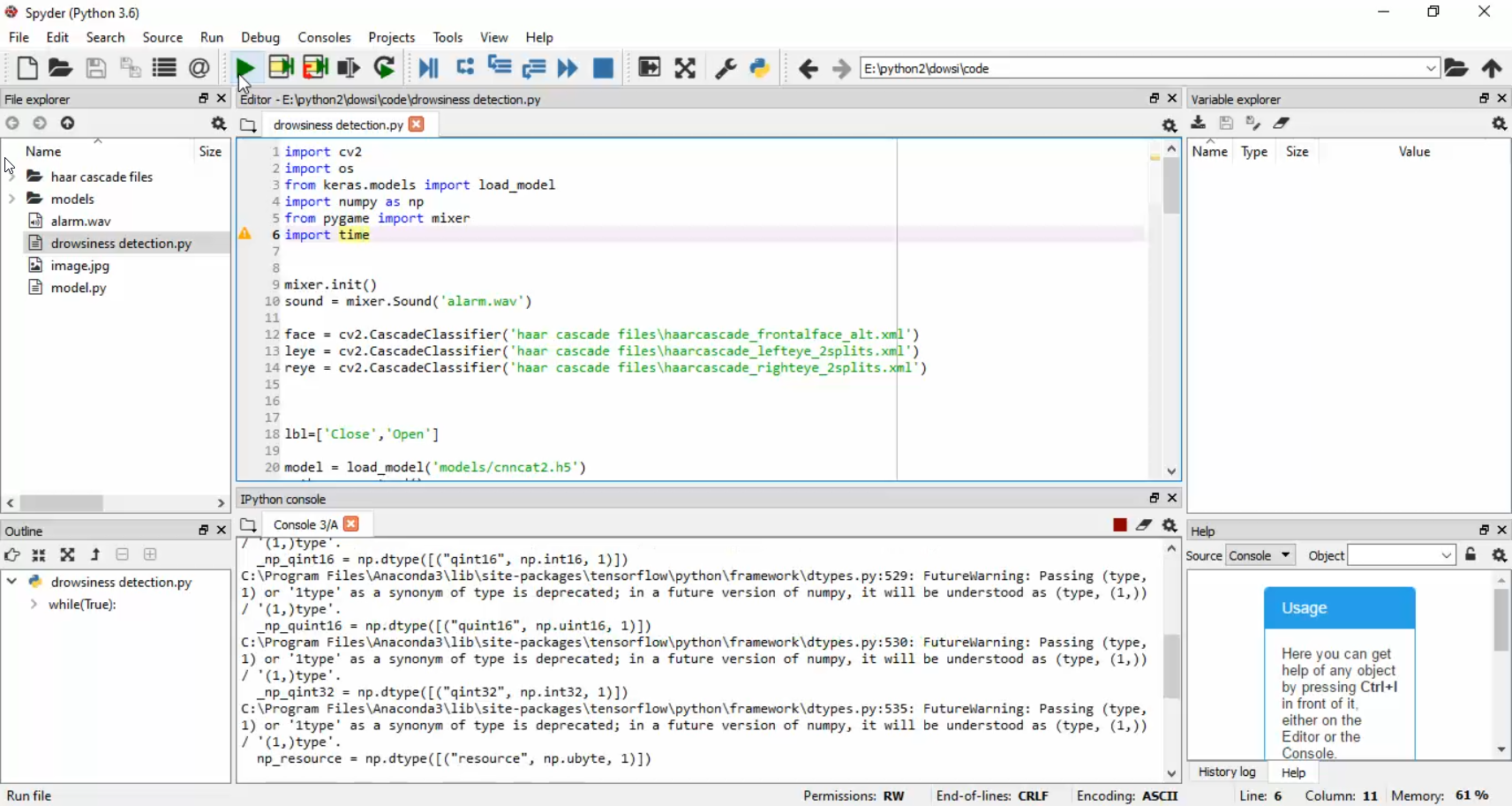 Driver Dowsiness Using Web Cam in Python Projects
