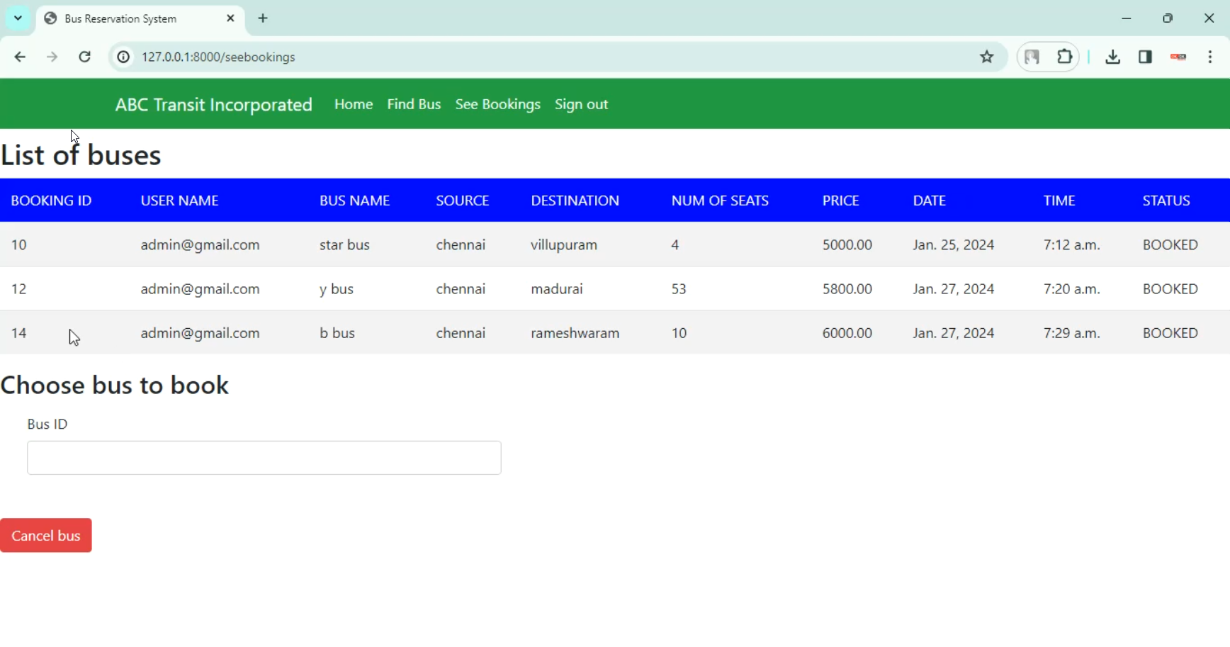 Python Reservation Bus Reservation in Django Python